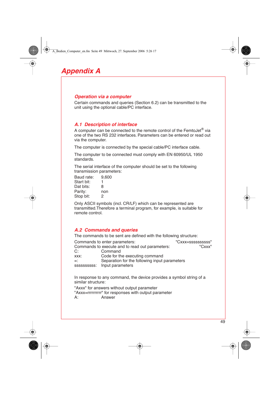 Appendix a, A.1 description of interface, A.2 commands and queries | Eppendorf FemtoJet User Manual | Page 51 / 57