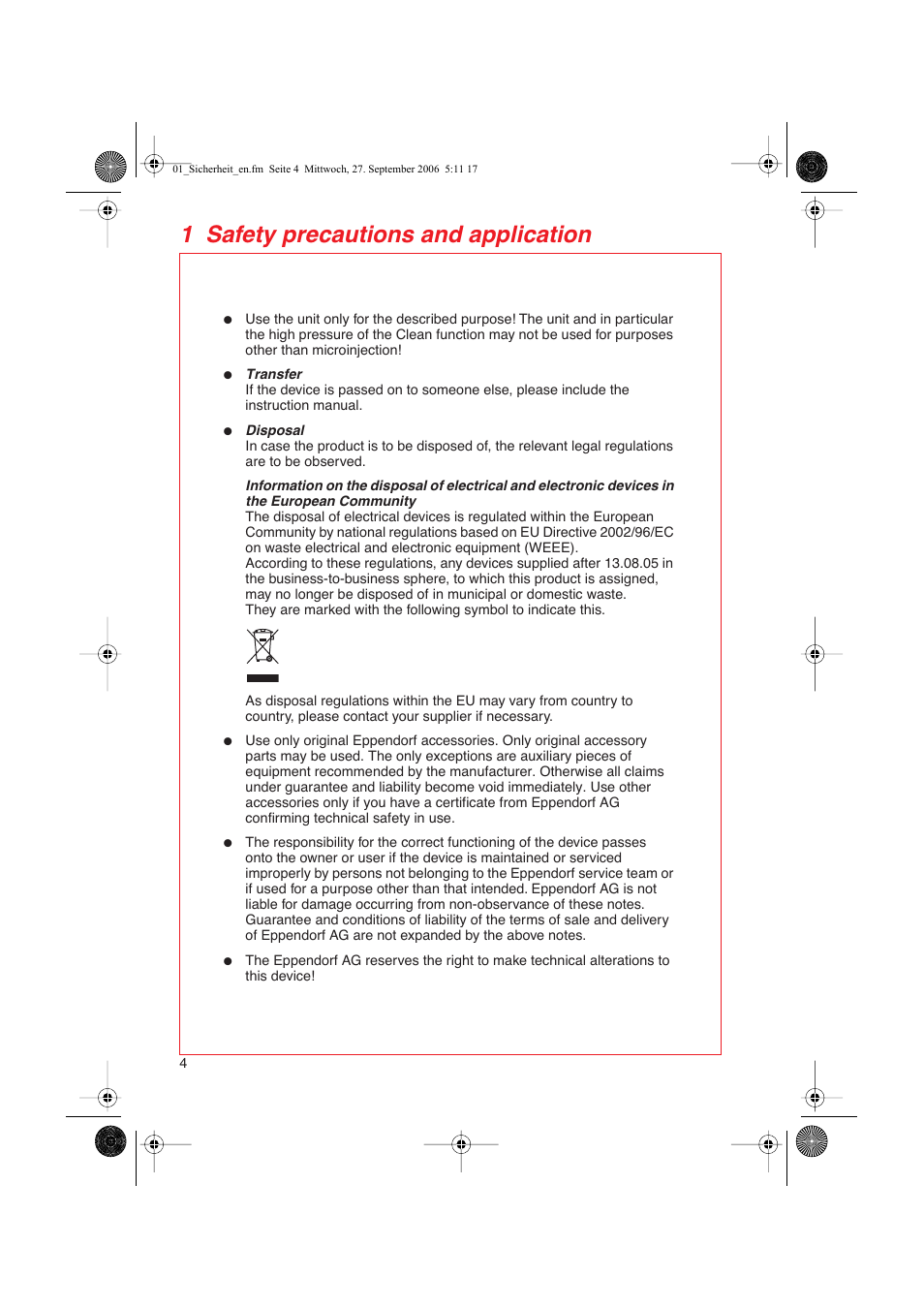 1 safety precautions and application | Eppendorf FemtoJet User Manual | Page 6 / 57