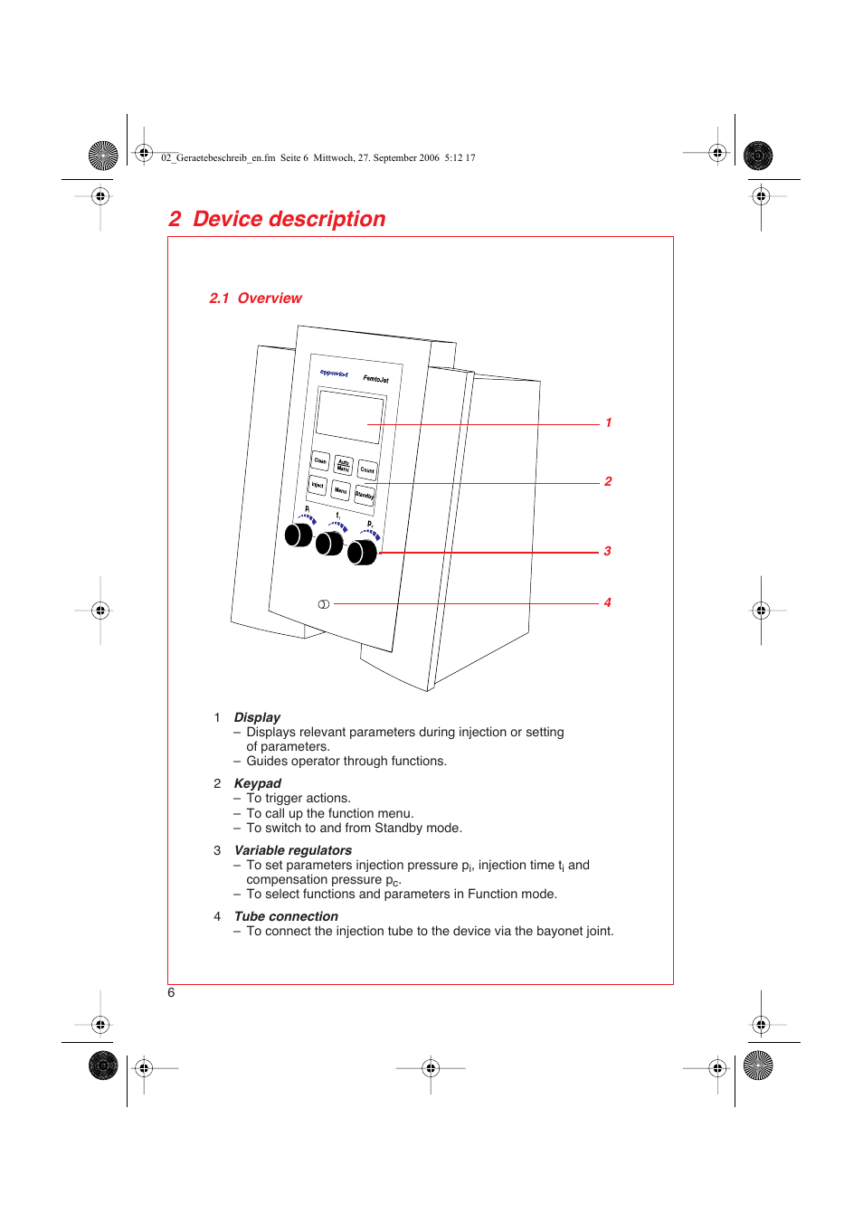 1 overview, 2 device description | Eppendorf FemtoJet User Manual | Page 8 / 57