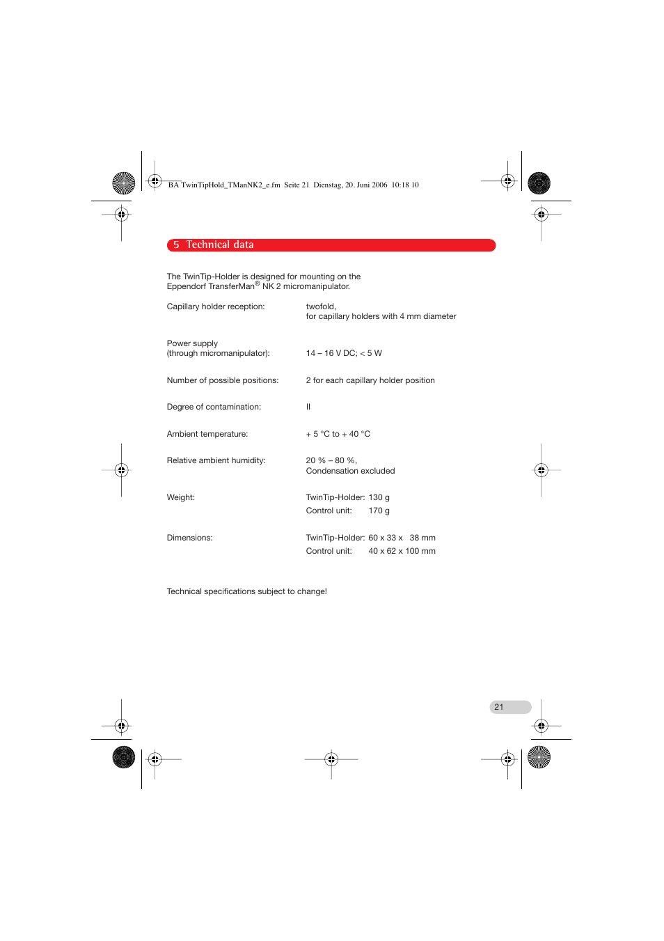 5 technical data | Eppendorf TwinTip-Holder for TransferMan NK 2 User Manual | Page 11 / 14