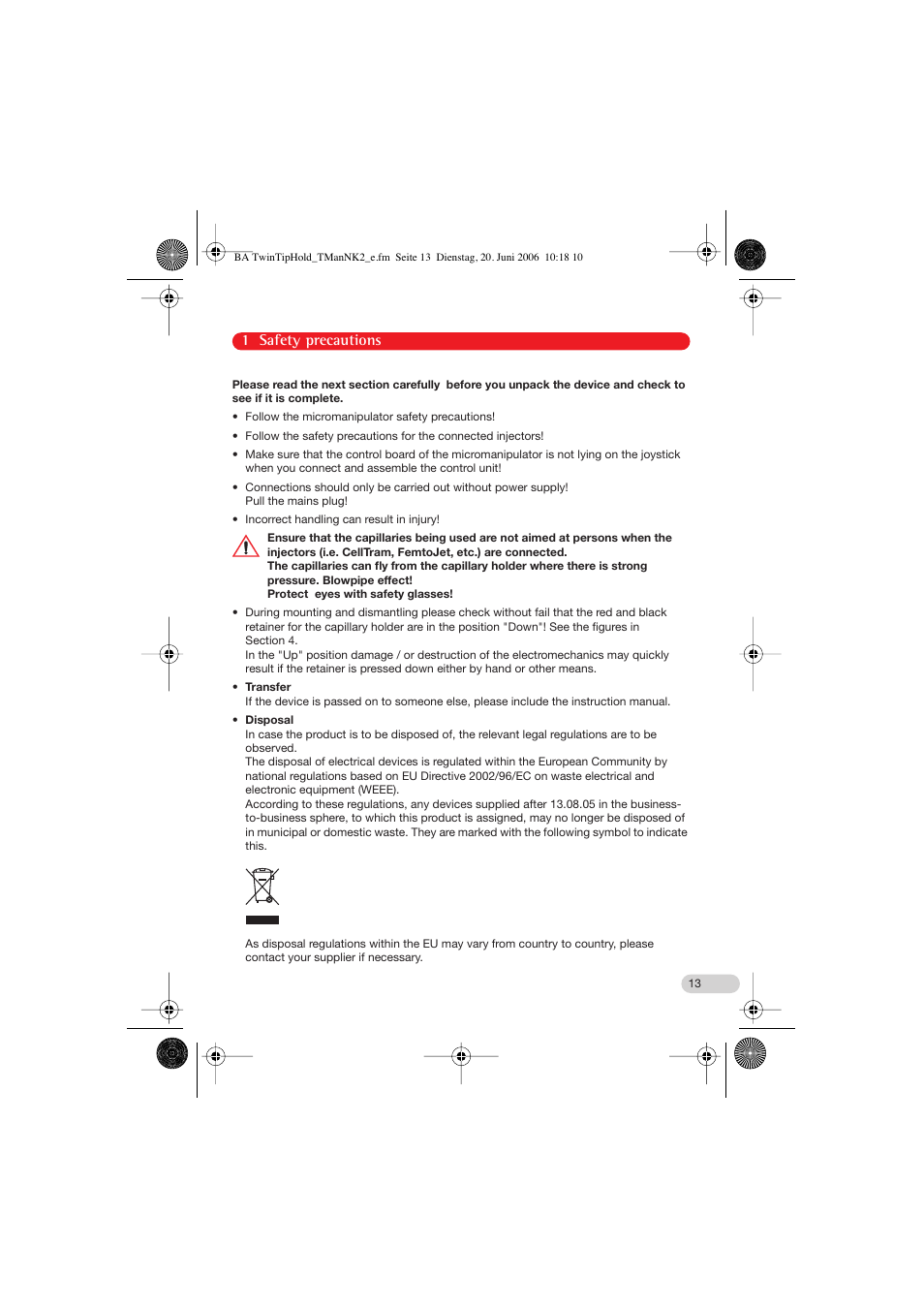 1 safety precautions | Eppendorf TwinTip-Holder for TransferMan NK 2 User Manual | Page 3 / 14