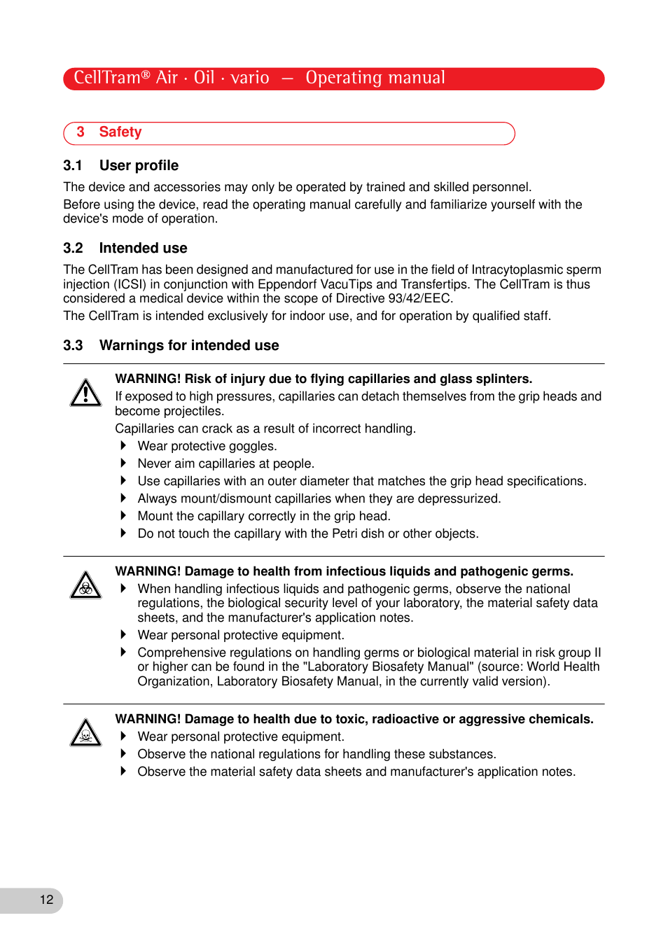 3 safety, 1 user profile, 2 intended use | 3 warnings for intended use, Celltram® air · oil · vario — operating manual | Eppendorf CellTram vario User Manual | Page 12 / 31