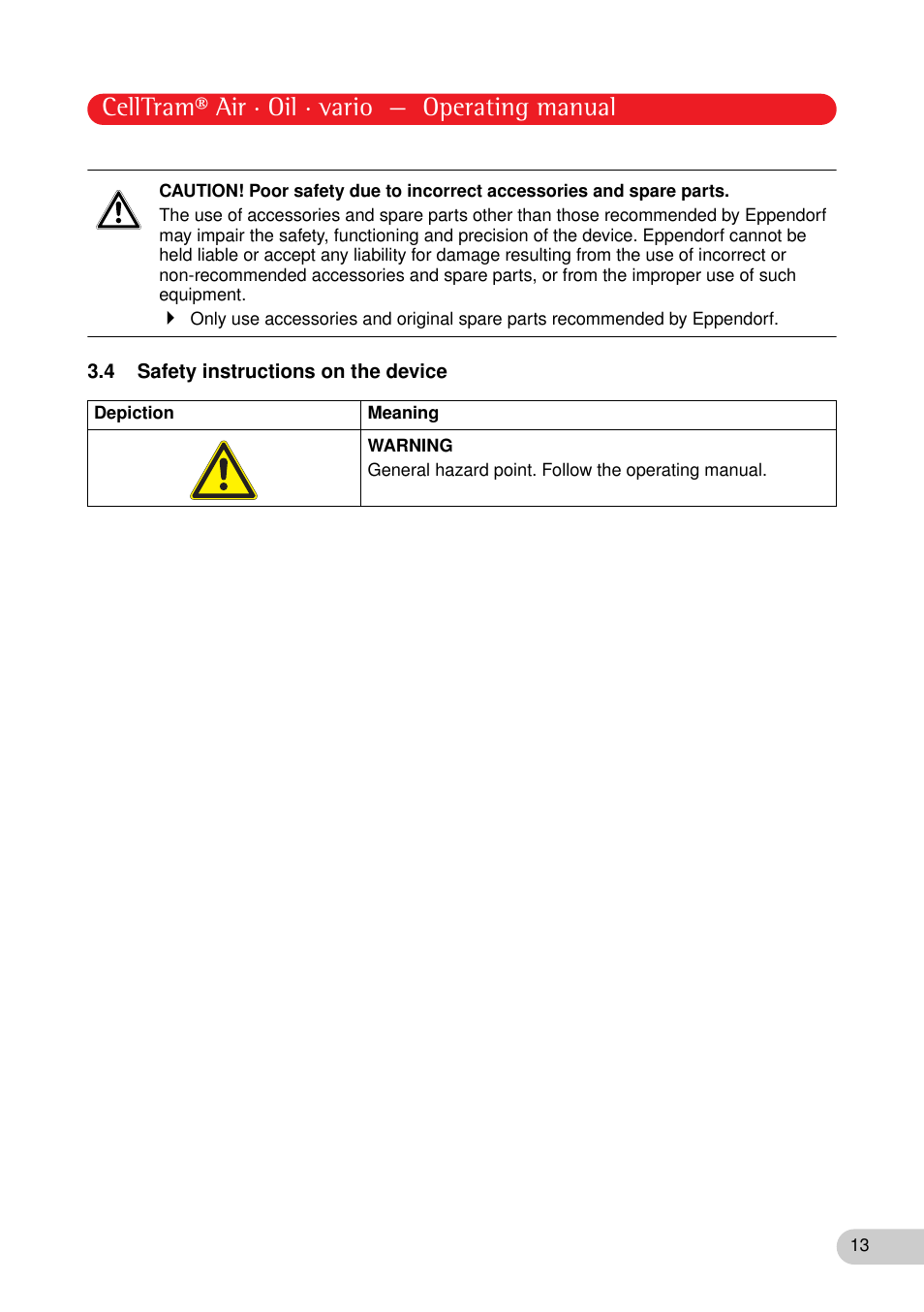 4 safety instructions on the device, Celltram® air · oil · vario — operating manual | Eppendorf CellTram vario User Manual | Page 13 / 31