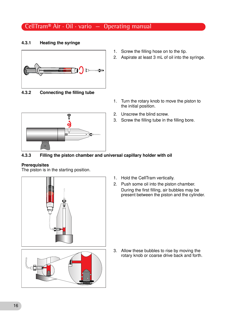 1 heating the syringe, 2 connecting the filling tube, Celltram® air · oil · vario — operating manual | Eppendorf CellTram vario User Manual | Page 16 / 31