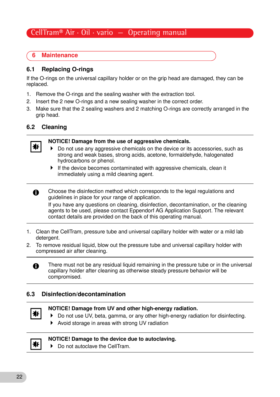 6 maintenance, 1 replacing o-rings, 2 cleaning | 3 disinfection/decontamination, Celltram® air · oil · vario — operating manual | Eppendorf CellTram vario User Manual | Page 22 / 31