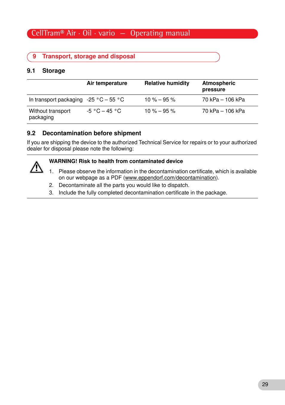 9 transport, storage and disposal, 1 storage, 2 decontamination before shipment | Celltram® air · oil · vario — operating manual | Eppendorf CellTram vario User Manual | Page 29 / 31