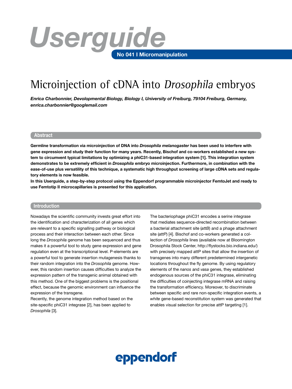 Eppendorf Microinjection of cDNA into Drosophila embryos User Manual | 4 pages