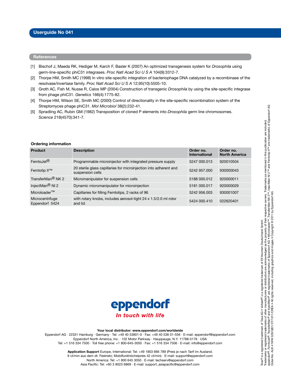 Userguide no, References | Eppendorf Microinjection of cDNA into Drosophila embryos User Manual | Page 4 / 4