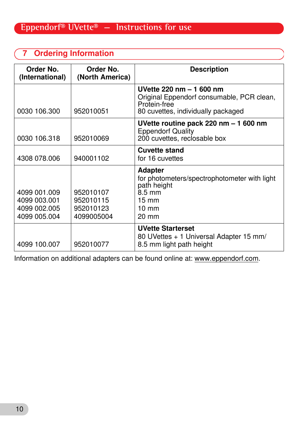 7 ordering information, Eppendorf® uvette® — instructions for use | Eppendorf UVette User Manual | Page 10 / 12