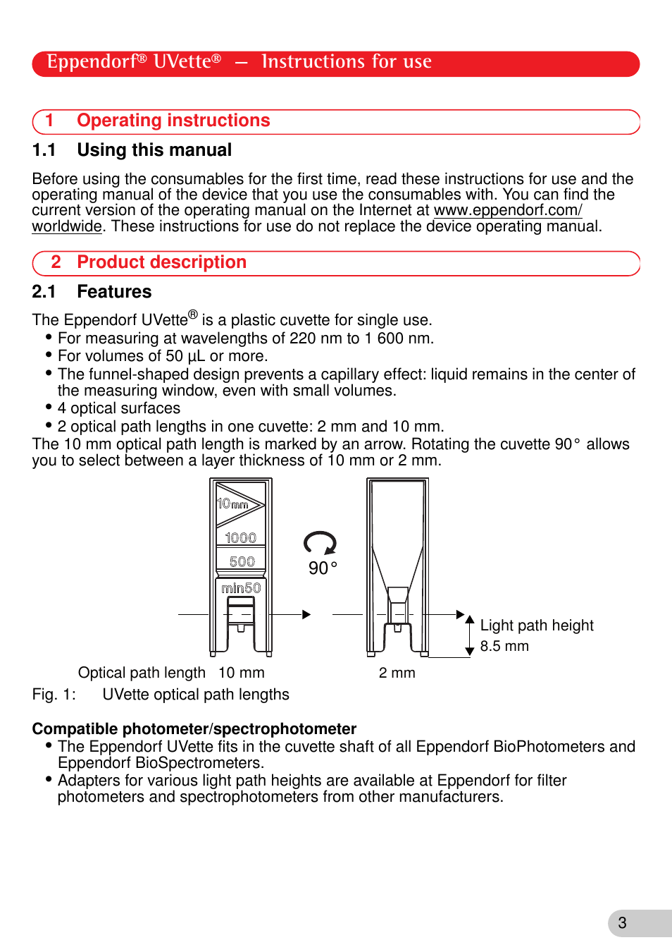 1 operating instructions, 1 using this manual, 2 product description | 1 features, Eppendorf® uvette® — instructions for use | Eppendorf UVette User Manual | Page 3 / 12