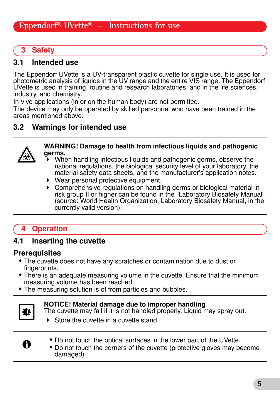 3 safety, 1 intended use, 2 warnings for intended use | 4 operation, 1 inserting the cuvette, Eppendorf® uvette® — instructions for use, 3 safety 3.1 intended use | Eppendorf UVette User Manual | Page 5 / 12