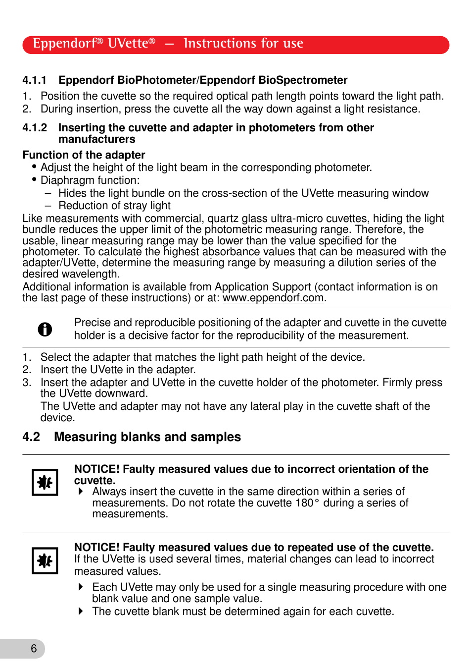 2 measuring blanks and samples, Eppendorf® uvette® — instructions for use | Eppendorf UVette User Manual | Page 6 / 12