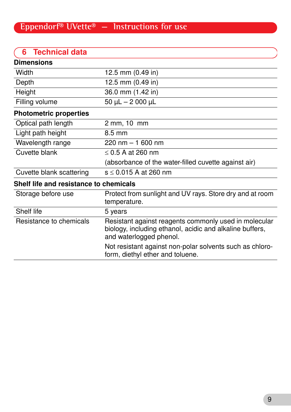 6 technical data, Eppendorf® uvette® — instructions for use | Eppendorf UVette User Manual | Page 9 / 12