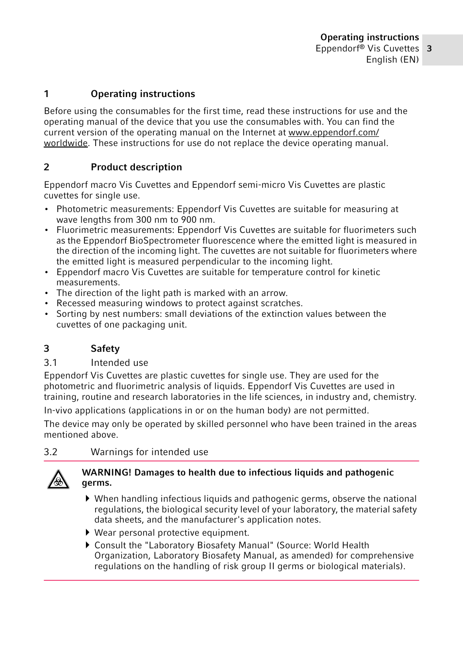 1 operating instructions, 2 product description, 3 safety | 1 intended use, 2 warnings for intended use | Eppendorf VisCuvettes User Manual | Page 3 / 8