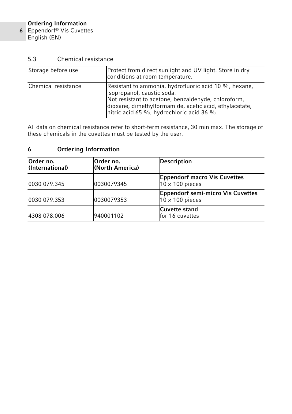 3 chemical resistance, 6 ordering information | Eppendorf VisCuvettes User Manual | Page 6 / 8