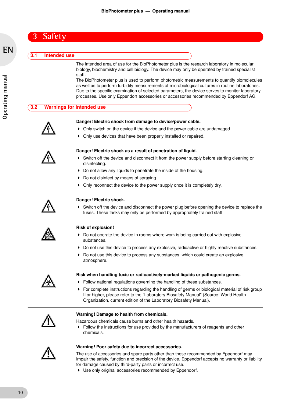 Safety, 1 intended use, 2 warnings for intended use | Safety 3.1, Intended use, Warnings for intended use, 3 safety, Oper at ing man u al | Eppendorf BioPhotometer plus User Manual | Page 10 / 51