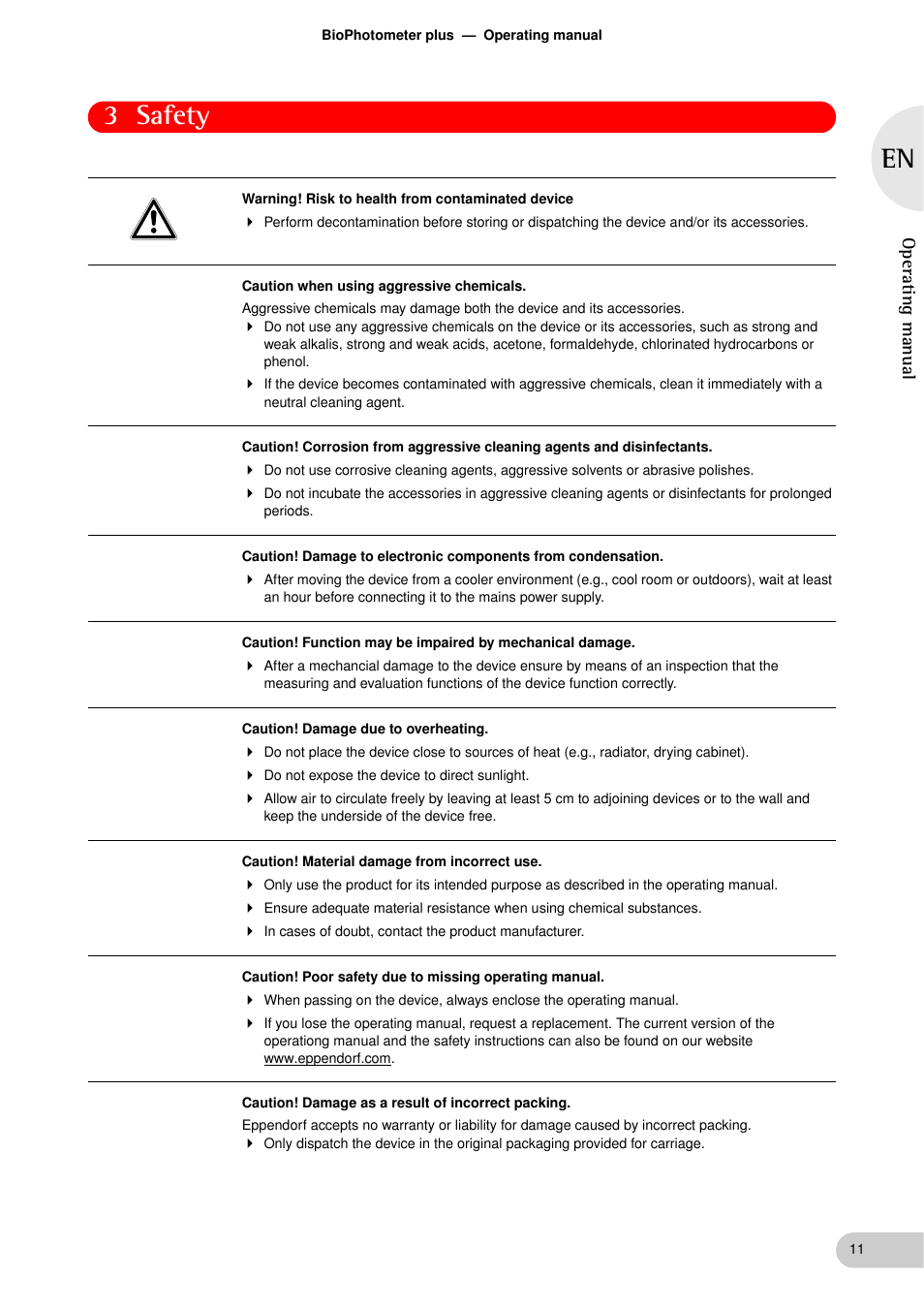 3 safety, Operating manual | Eppendorf BioPhotometer plus User Manual | Page 11 / 51