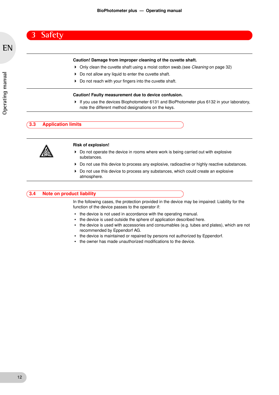 3 application limits, 4 note on product liability, Application limits | Note on product liability, 3 safety, Oper at ing man u al | Eppendorf BioPhotometer plus User Manual | Page 12 / 51