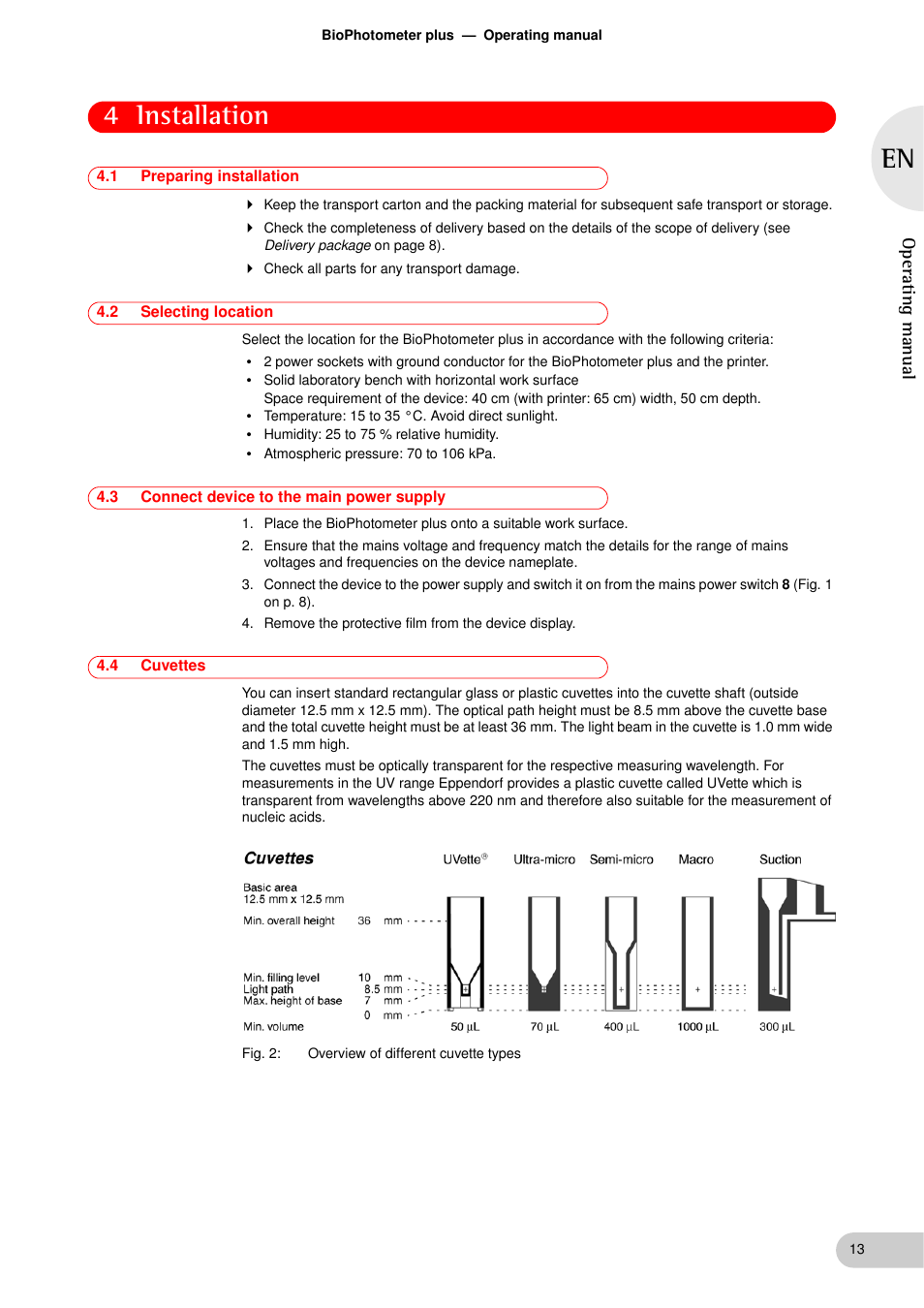 Installation, 1 preparing installation, 2 selecting location | 3 connect device to the main power supply, 4 cuvettes, Installation 4.1, Preparing installation, Selecting location, Connect device to the main power supply, Cuvettes | Eppendorf BioPhotometer plus User Manual | Page 13 / 51