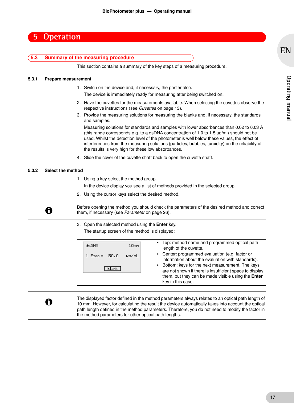 3 summary of the measuring procedure, 1 prepare measurement, 2 select the method | Summary of the measuring procedure 5.3.1, Prepare measurement, Select the method, 5 operation, Operating manual | Eppendorf BioPhotometer plus User Manual | Page 17 / 51