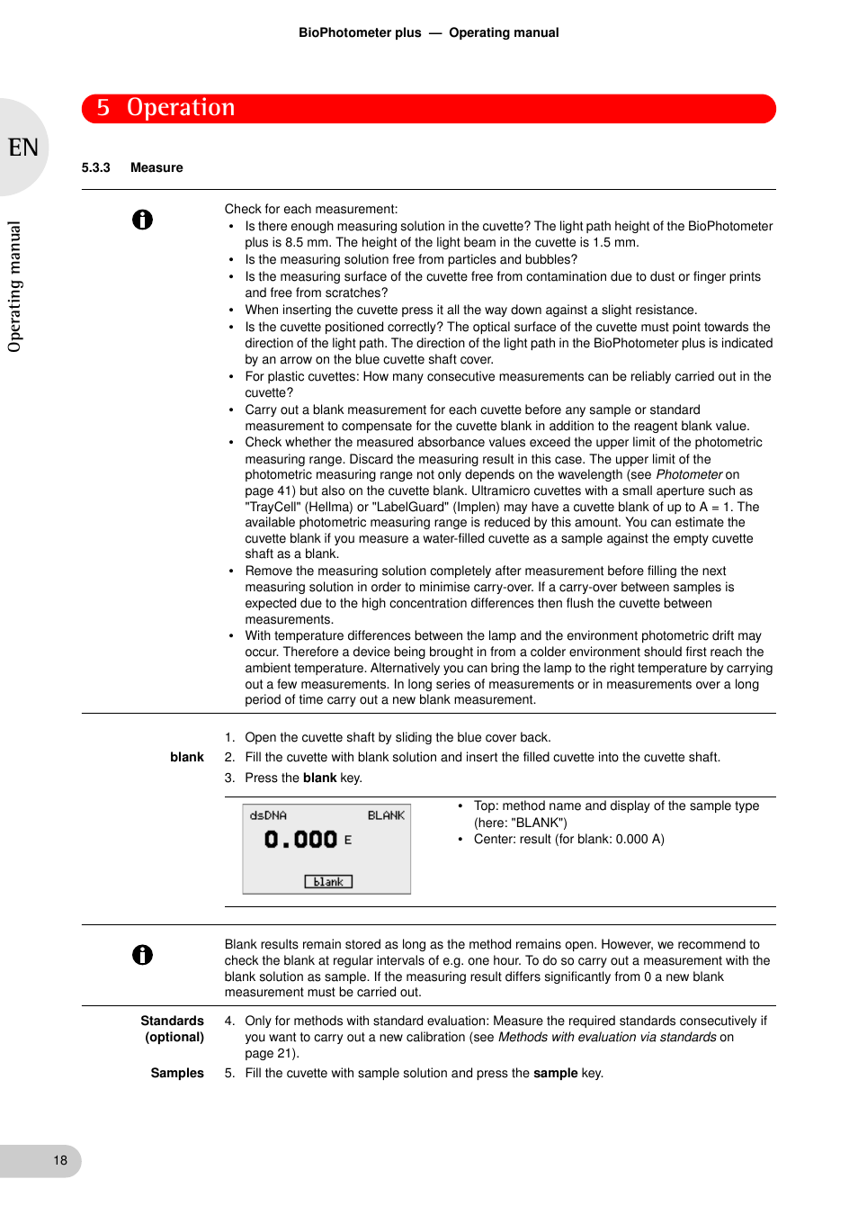 3 measure, Measure, 5 operation | Oper at ing man u al | Eppendorf BioPhotometer plus User Manual | Page 18 / 51