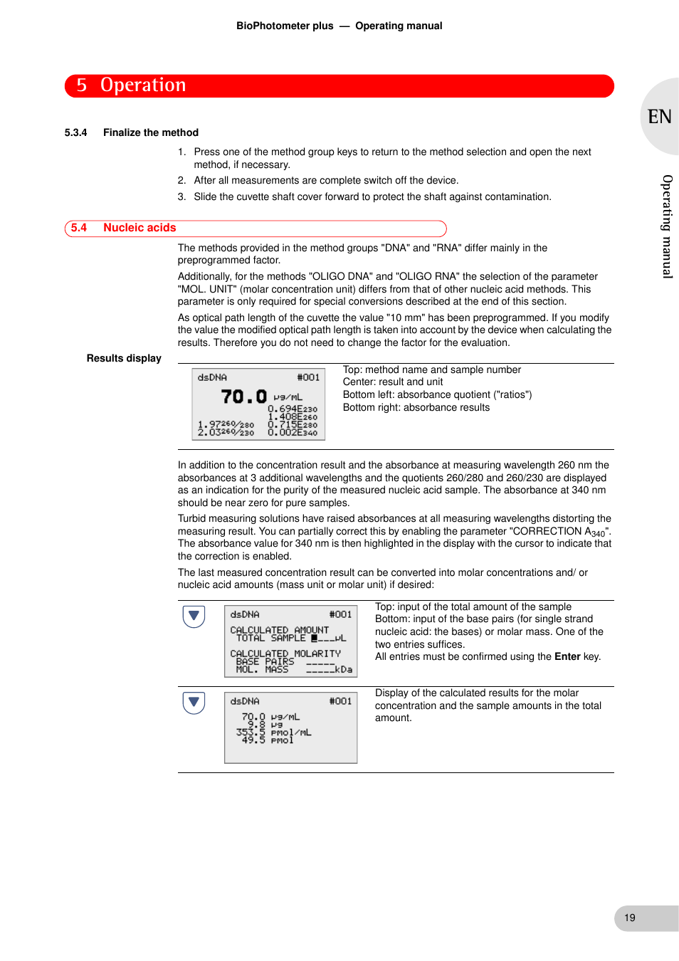 4 finalize the method, 4 nucleic acids, Finalize the method | Nucleic acids, 5 operation | Eppendorf BioPhotometer plus User Manual | Page 19 / 51