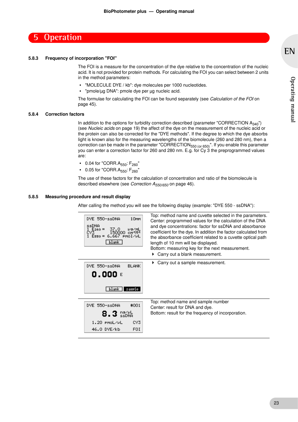 3 frequency of incorporation "foi, 4 correction factors, 5 measuring procedure and result display | Frequency of incorporation "foi, Correction factors, Measuring procedure and result display, 5 operation, Operating manual | Eppendorf BioPhotometer plus User Manual | Page 23 / 51