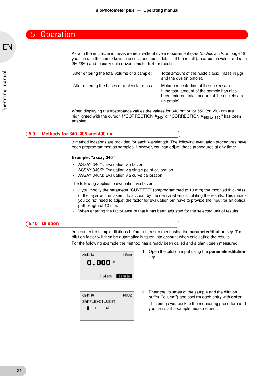 9 methods for 340, 405 and 490 nm, 10 dilution, Methods for 340, 405 and 490 nm | Dilution, 5 operation, Oper at ing man u al | Eppendorf BioPhotometer plus User Manual | Page 24 / 51