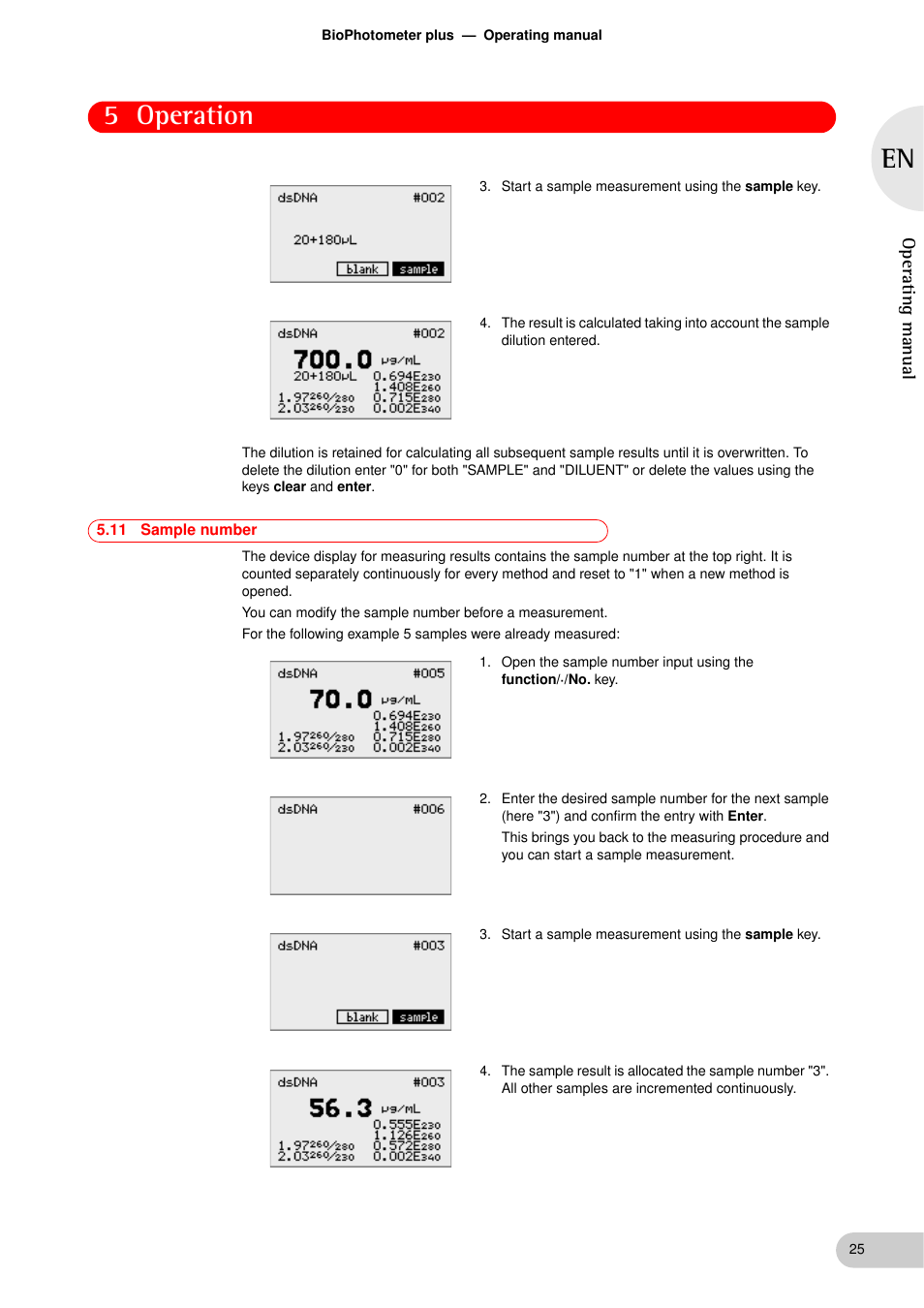 11 sample number, Sample number, 5 operation | Eppendorf BioPhotometer plus User Manual | Page 25 / 51