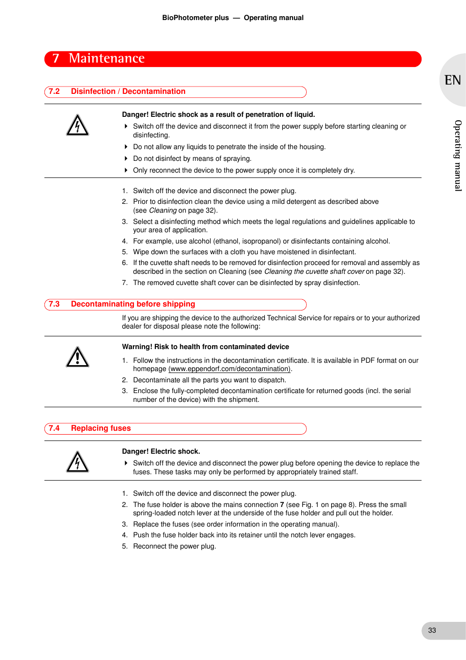 2 disinfection / decontamination, 3 decontaminating before shipping, 4 replacing fuses | Disinfection / decontamination, Decontaminating before shipping, Replacing fuses, 7 maintenance, Operating manual | Eppendorf BioPhotometer plus User Manual | Page 33 / 51