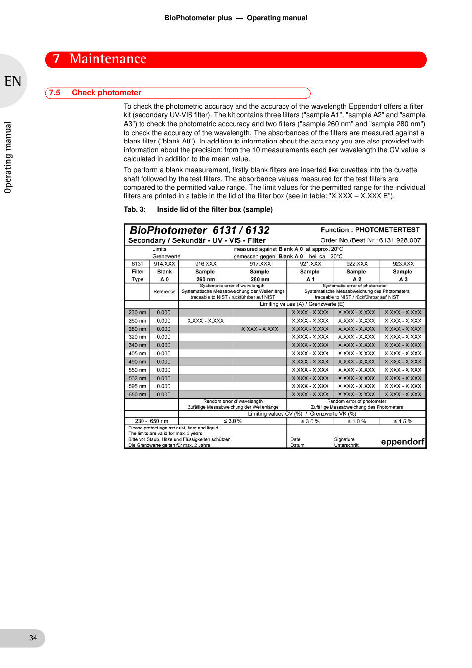 5 check photometer, Check photometer, 7 maintenance | Eppendorf BioPhotometer plus User Manual | Page 34 / 51