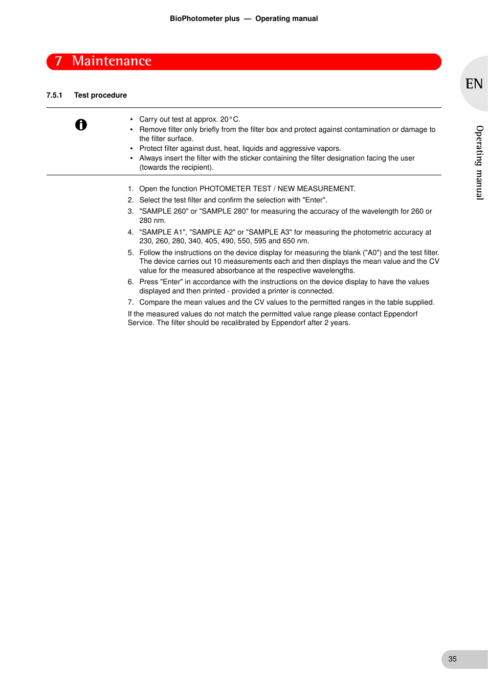 1 test procedure, Test procedure, 7 maintenance | Operating manual | Eppendorf BioPhotometer plus User Manual | Page 35 / 51