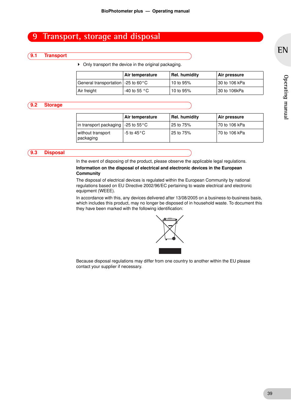 Transport, storage and disposal, 1 transport, 2 storage | 3 disposal, Transport, storage and disposal 9.1, Transport, Storage, Disposal, 9 transport, storage and disposal, Operating manual | Eppendorf BioPhotometer plus User Manual | Page 39 / 51