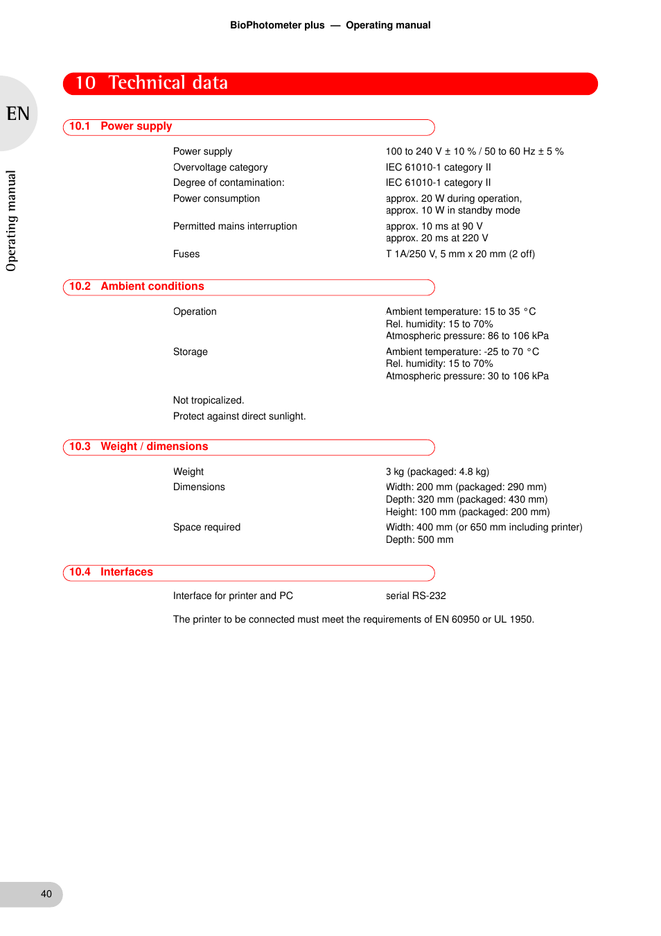 Technical data, 1 power supply, 2 ambient conditions | 3 weight / dimensions, 4 interfaces, 10 technical data, Power supply, Ambient conditions, Weight / dimensions, Interfaces | Eppendorf BioPhotometer plus User Manual | Page 40 / 51