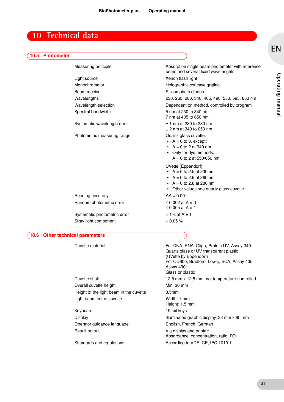 5 photometer, 6 other technical parameters, Photometer | Other technical parameters, 10 technical data, Operating manual | Eppendorf BioPhotometer plus User Manual | Page 41 / 51