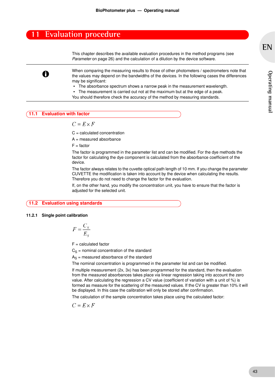 Evaluation procedure, 1 evaluation with factor, 2 evaluation using standards | 1 single point calibration, 11 evaluation procedure, Evaluation with factor, Operating manual | Eppendorf BioPhotometer plus User Manual | Page 43 / 51