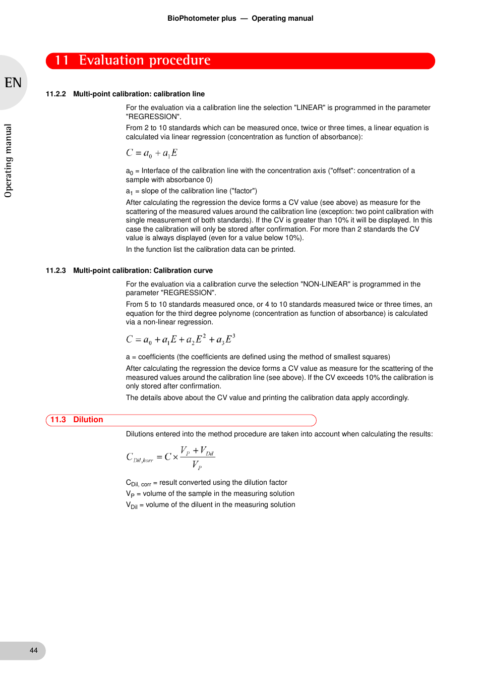 2 multi-point calibration: calibration line, 3 multi-point calibration: calibration curve, 3 dilution | Dilution, 11 evaluation procedure, Oper at ing man u al | Eppendorf BioPhotometer plus User Manual | Page 44 / 51