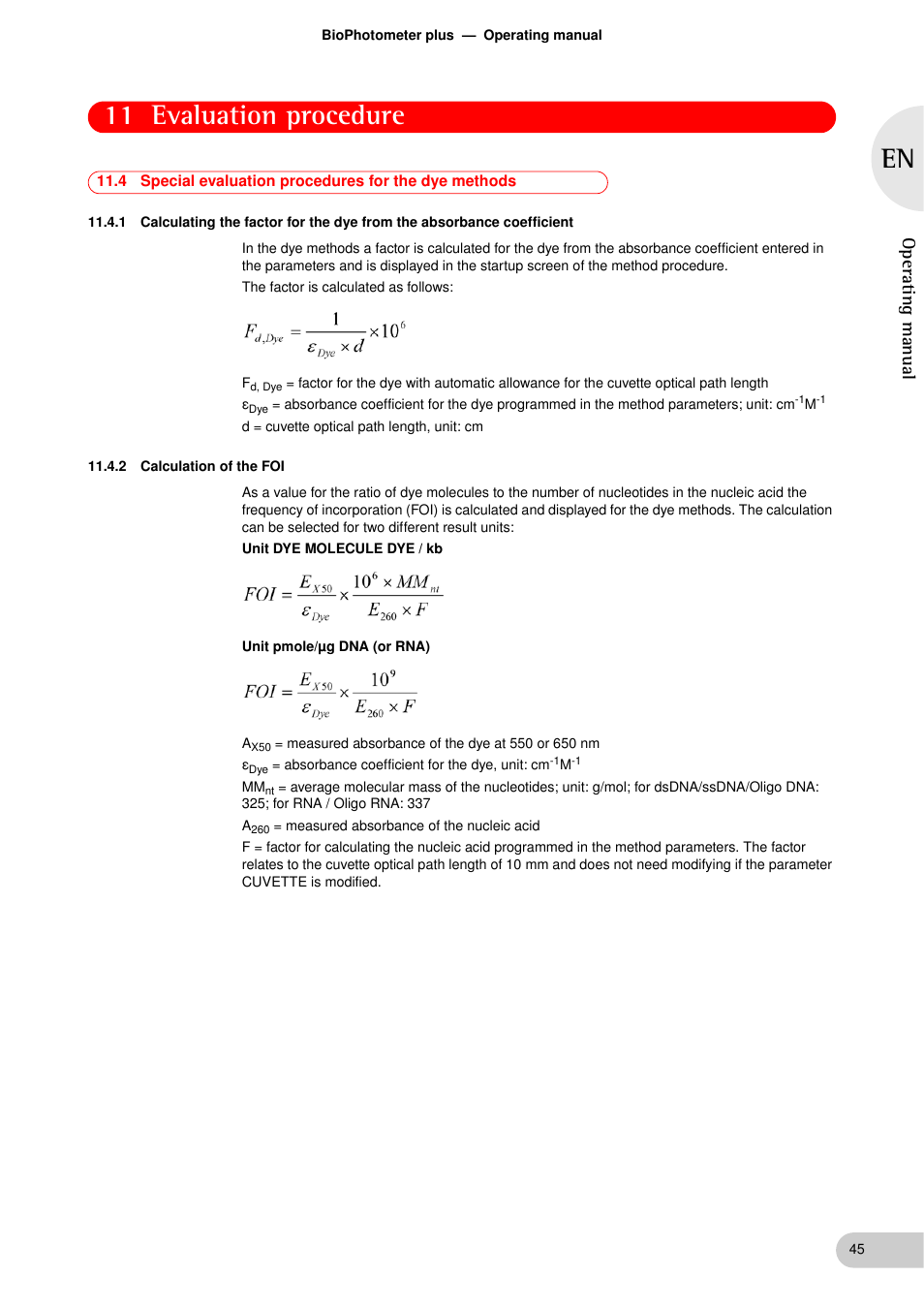 2 calculation of the foi, 11 evaluation procedure, Operating manual | Eppendorf BioPhotometer plus User Manual | Page 45 / 51