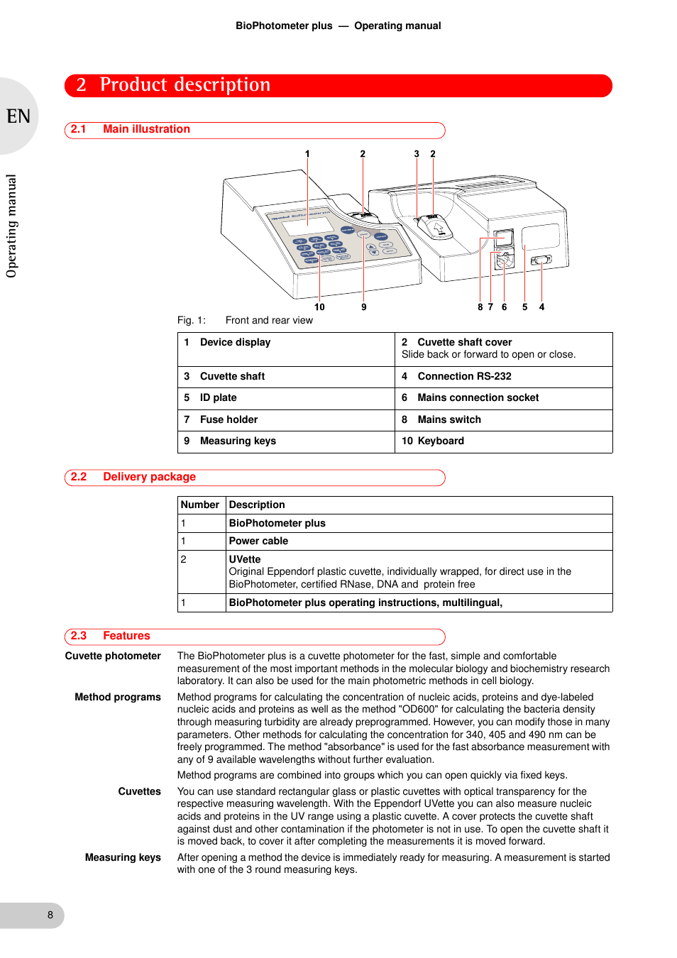 Product description, 1 main illustration, 2 delivery package | 3 features, Product description 2.1, Main illustration, Delivery package, Features, 2 product description, Oper at ing man u al | Eppendorf BioPhotometer plus User Manual | Page 8 / 51