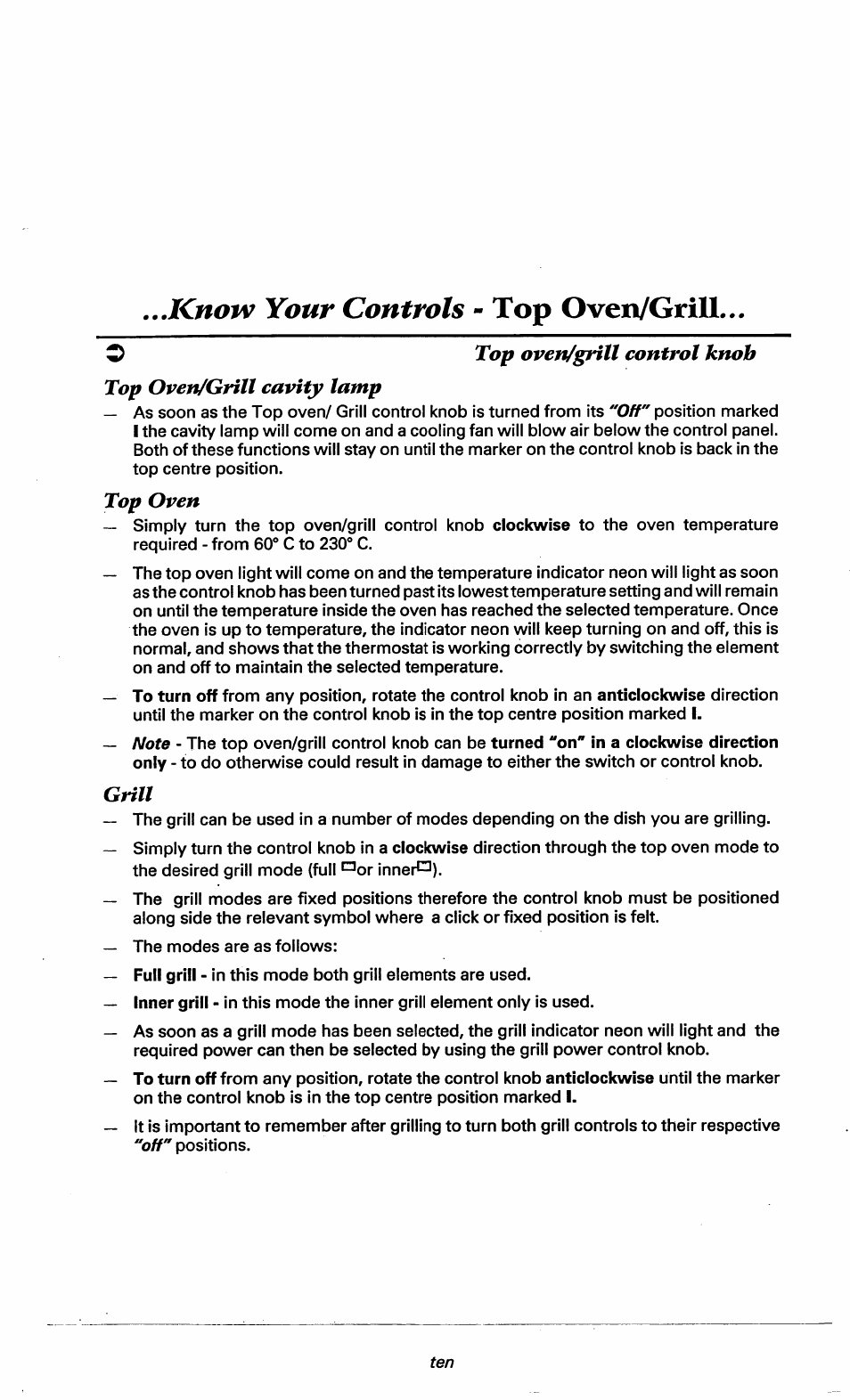 O top oven/grill control knob, Top oven/grill cavity lamp, Top oven | Grill, Top oven/grill, Know your controls | Ariston DOV317 User Manual | Page 12 / 28