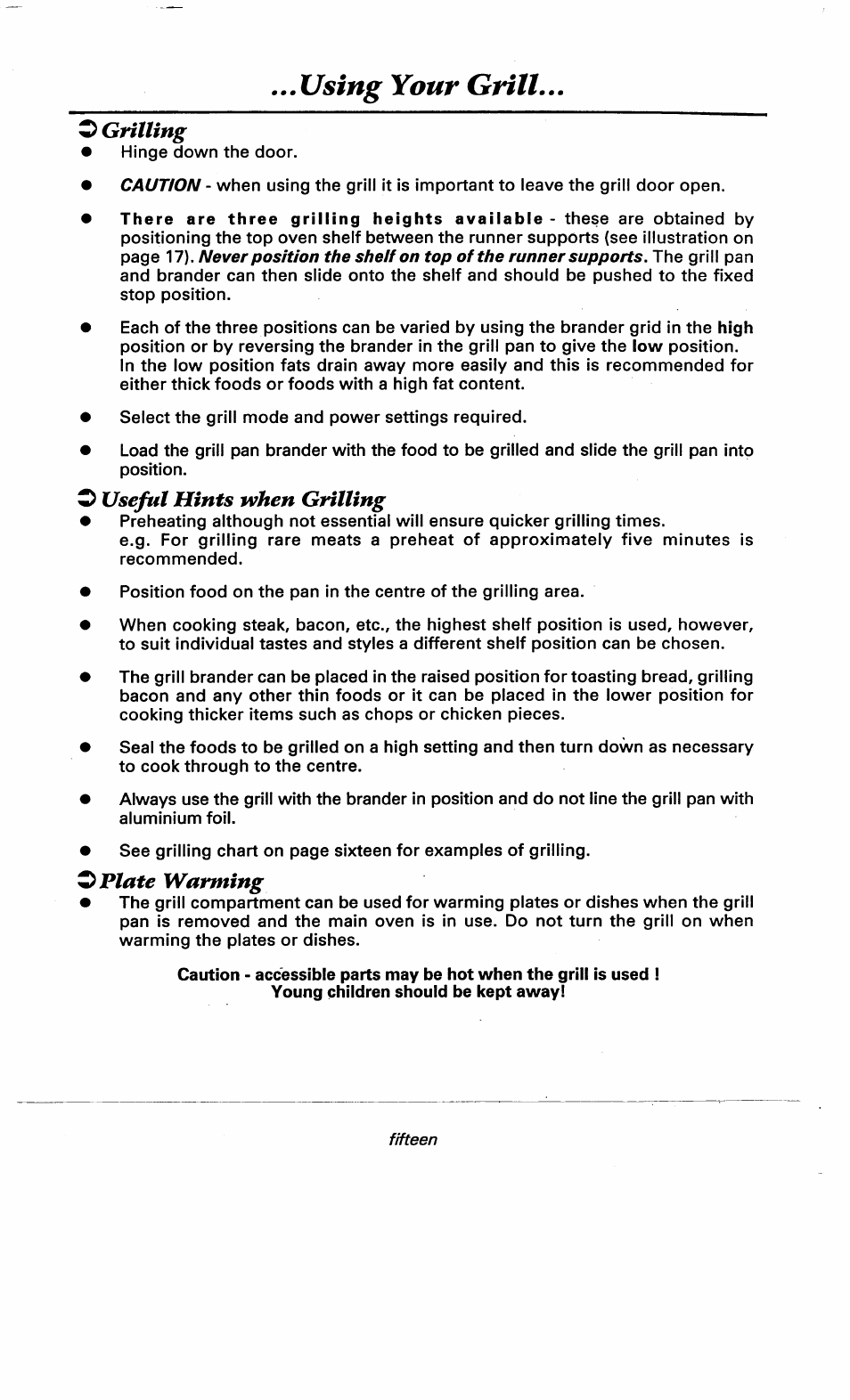 O grilling, O useful hints when grilling, Opiate warming | Using your grill | Ariston DOV317 User Manual | Page 17 / 28