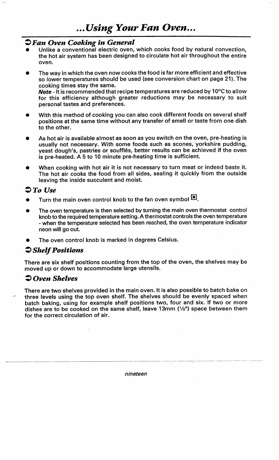 O to use, O shelf positions, O oven shelves | Using your fan oven | Ariston DOV317 User Manual | Page 21 / 28