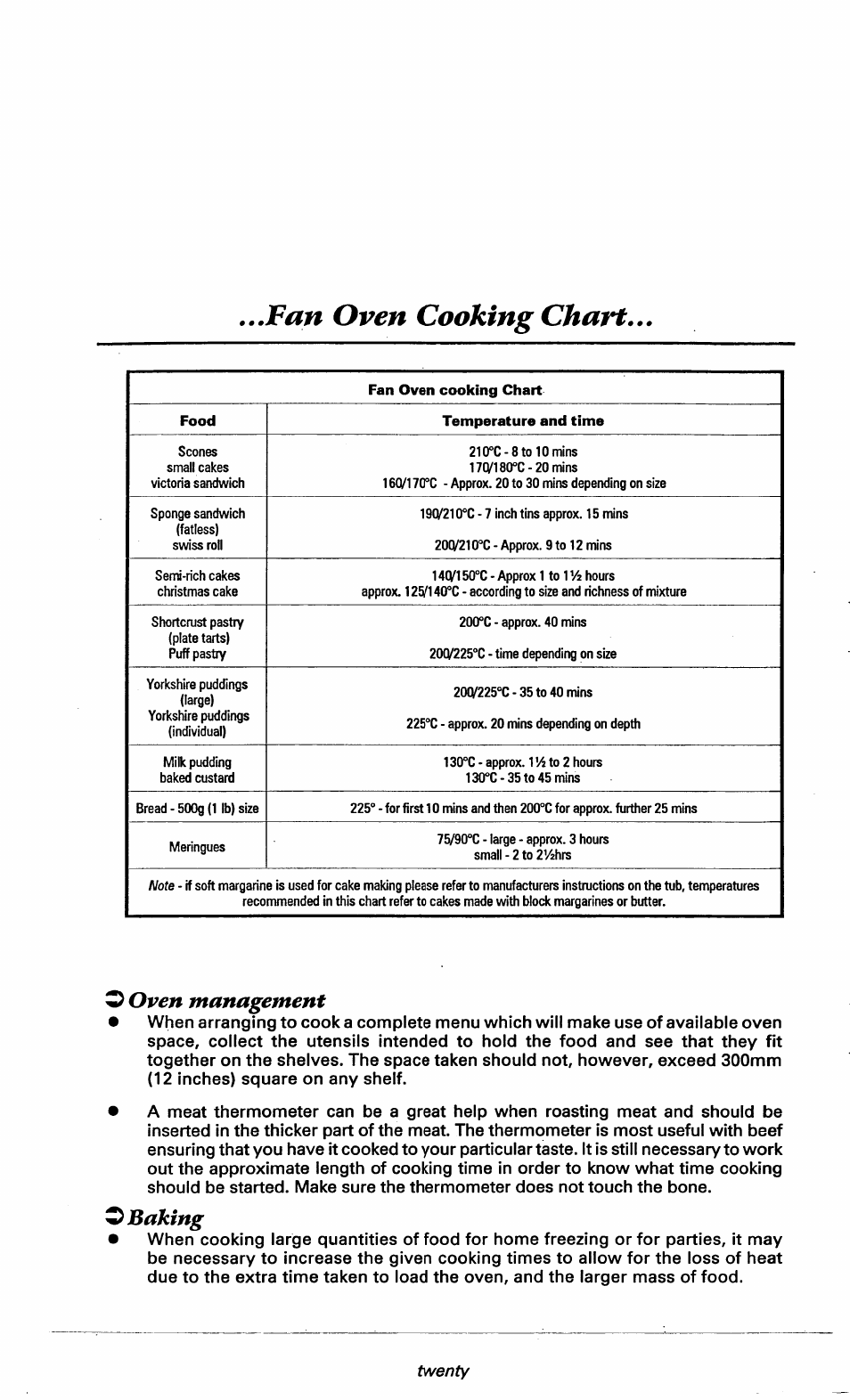 O oven management, O baking, Fan oven cooking chart | Ooven management | Ariston DOV317 User Manual | Page 22 / 28