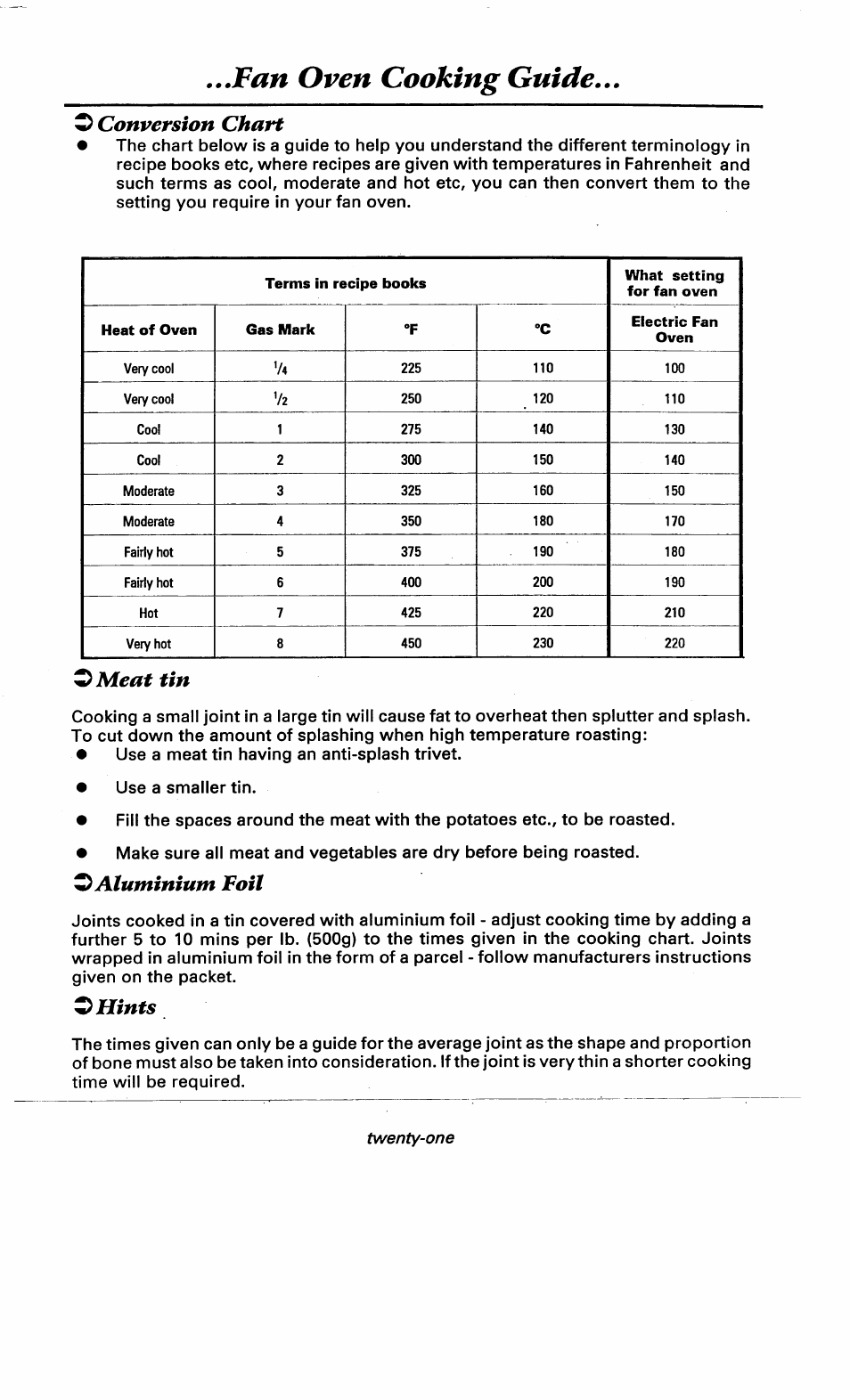 O conversion chart, O meat tin, O aluminium foil | Ohints, Fan oven cooking guide | Ariston DOV317 User Manual | Page 23 / 28