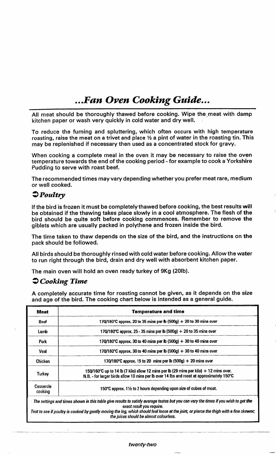 Z>pouuty, O cooking time, Fan oven cooking guide | Ariston DOV317 User Manual | Page 24 / 28