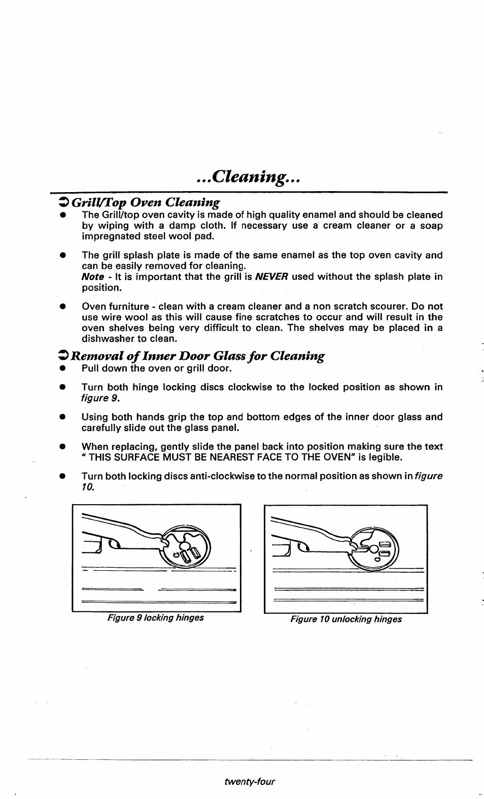 O grill/top oven cleaning, O removal of inner door glass for cleaning, Cleaning | Ariston DOV317 User Manual | Page 26 / 28