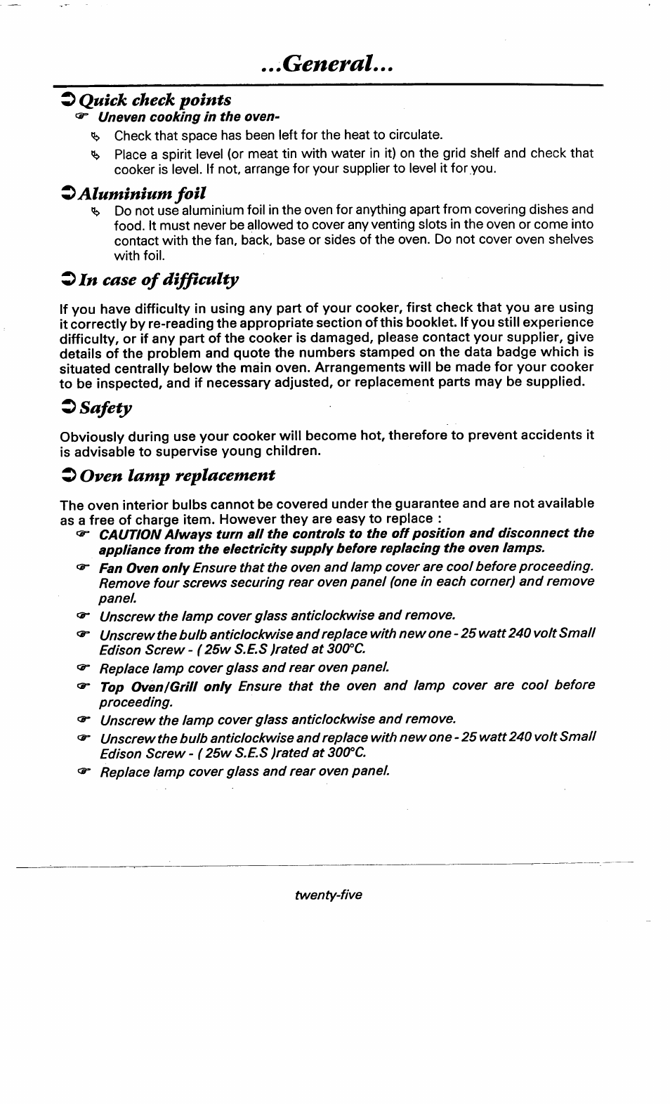 O quick check points, O aluminium foil, Oin case of difficulty | O safety, O oven lamp replacement, General | Ariston DOV317 User Manual | Page 27 / 28