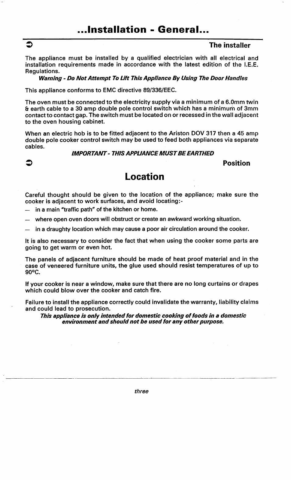 Installation - general, Location | Ariston DOV317 User Manual | Page 5 / 28