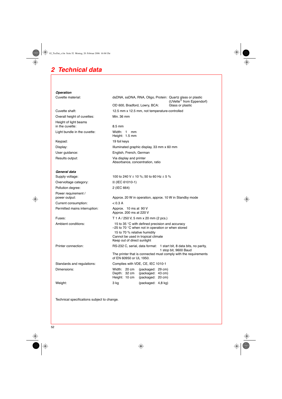 2 technical data | Eppendorf BioPhotometer User Manual | Page 10 / 53