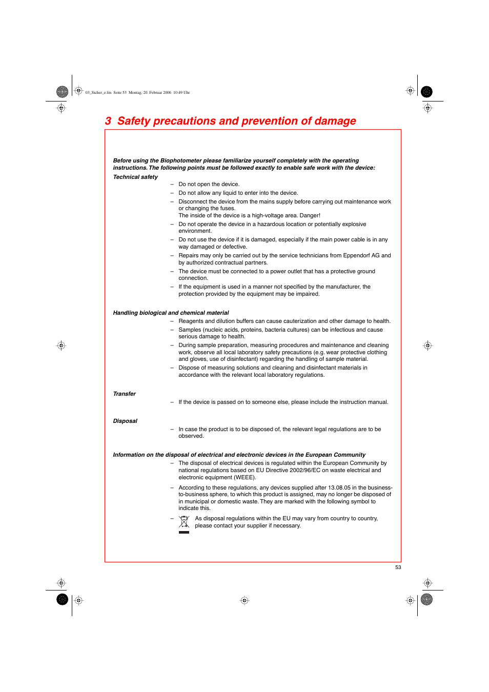 3 safety precautions and prevention of damage | Eppendorf BioPhotometer User Manual | Page 11 / 53